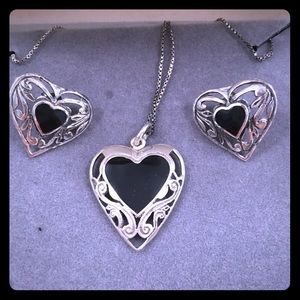 Sterling silver heart and onyx necklace & earrings